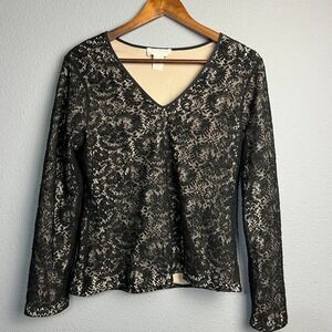 Express Tricot Black Whimsigoth Lace Long Sleeve Blouse L Sheer Layering Elegant